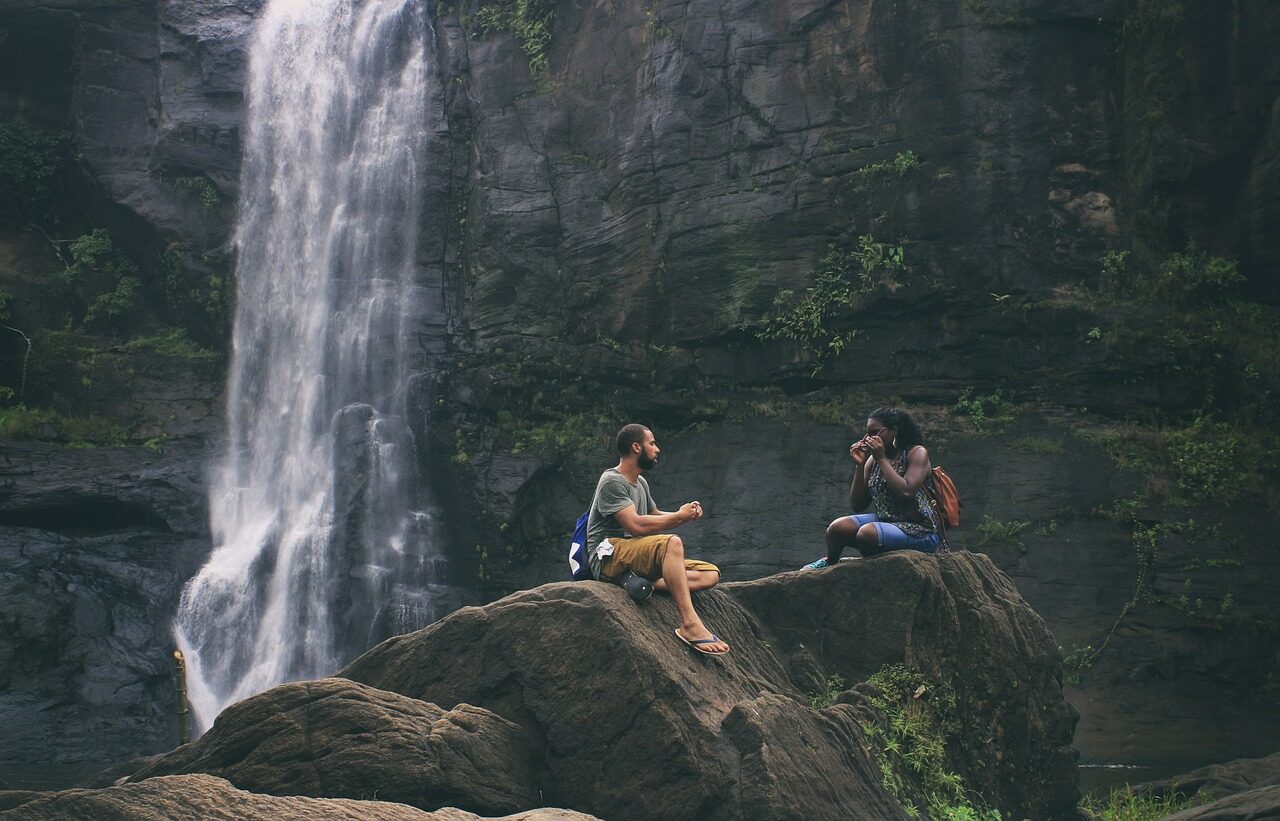 couple, waterfalls, love, woman, man, relationship, together, romantic, nature, outdoors, adventure, water, happy couple, tourism, rocks, scenery, scenic, natural, environment, athirappilly, kerala, kerala waterfall, earth day, kerala, kerala, kerala, kerala, kerala